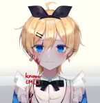  1girl black_bow blood blood_on_face blue_eyes bow commission hair_bow highres knowa korean_commentary looking_at_viewer original short_hair smile solo 