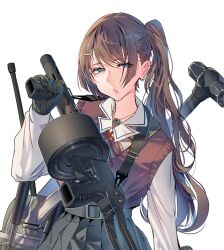  1girl armsel_striker bag blue_eyes brown_hair collared_shirt commentary commentary_request daito dog_tags earrings gloves gun hammer holding holding_gun holding_weapon jewelry long_hair looking_at_viewer original pleated_skirt red_sweater_vest school_uniform shirt shotgun shoulder_bag simple_background skirt sledgehammer solo sweater_vest upper_body weapon white_background white_shirt 