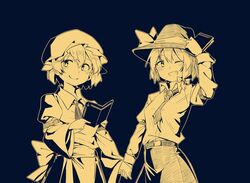  2girls black_background book bow bow_dress breasts fedora hat hat_bow holding holding_book holding_hands jewelry maribel_hearn mob_cap multiple_girls necklace necktie sepia skirt touhou tuck usami_renko 