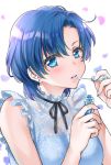  1girl applying_makeup bishoujo_senshi_sailor_moon blue_eyes blue_hair blush dress earrings frilled_dress frills highres hikaru_(gevp7588) jewelry mizuno_ami nail_polish petals short_hair solo 