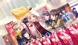  :d arm_up bag black_hair blonde_hair blue_eyes blue_skirt blunt_bangs blurry brown_hair brown_jacket cinderella_series coat depth_of_field dutch_angle game_cg gift_bag hachigatsu_no_cinderella_nine hair_bun hair_ornament hairclip hanayama_emi highres indoors jacket long_hair long_sleeves non-web_source official_art one_eye_closed open_clothes open_coat open_mouth parted_bangs pink_hair red_shirt security_guard shirt shopping shopping_bag sidelocks single_hair_bun skirt smear_frame smile solo_focus teeth upper_teeth_only violet_eyes white_coat winter_clothes 