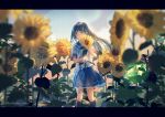  1girl absurdres bangs black_hair black_legwear blue_eyes blue_skirt blurry closed_mouth collarbone commentary_request depth_of_field eyebrows_visible_through_hair flower highres holding holding_flower huge_filesize kneehighs kotomi_alpaca lens_flare letterboxed light_smile long_hair original outdoors pleated_skirt sailor_collar school_uniform serafuku shirt short_sleeves signature skirt solo standing summer sunflower uniform white_shirt 