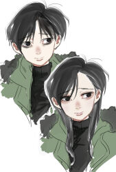 1boy 1girl aegyo_sal bags_under_eyes black_hair coat dual_persona fur-trimmed_jacket fur_trim genderswap genderswap_(mtf) green_coat green_jacket jacket katonist killing_stalking long_hair looking_to_the_side messy_hair portrait sweater turtleneck turtleneck_sweater yoon_bum