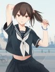  1girl adjusting_hair alternate_costume black_sailor_collar black_serafuku black_skirt brown_eyes brown_hair collarbone eyebrows_visible_through_hair hair_between_eyes kaga_(kantai_collection) kantai_collection kasumi_(skchkko) long_hair looking_at_viewer navel neckerchief parted_lips pleated_skirt sailor_collar school_uniform serafuku short_sleeves side_ponytail skirt solo white_neckwear 