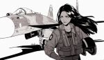 1girl ace_combat ace_combat_04 aircraft airplane black_hair collarbone fighter_jet hand_on_hip holding jet long_hair looking_to_the_side military military_vehicle monochrome patch pilot pilot_helmet pilot_suit shadow signature skyleranderton solo standing su-37 yellow_4 