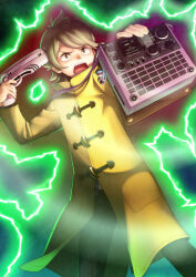  1boy black_pants brown_eyes brown_hair commentary energy_gun english_commentary gamon_yuuta gun gun_to_head highres holding holding_gun holding_ray_gun holding_weapon long_sleeves male_focus occultic;nine open_mouth pants radio raincoat ray_gun solo swept_bangs taba_neruko tongue weapon yellow_raincoat 