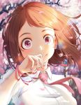  1girl bangs blurry blurry_background boku_no_hero_academia breasts brown_eyes brown_hair cherry_blossoms closed_mouth collared_shirt commentary_request day fingernails floating_hair hand_up highres jewelry looking_at_viewer miaoliangbanfan nail_polish necktie outdoors petals pink_eyes pink_nails pink_neckwear shirt short_hair smile solo sunlight swept_bangs tree upper_body uraraka_ochako white_shirt 