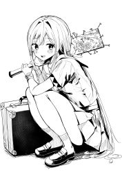  1girl :d absurdres blush floral_print full_body greyscale hagoita hands_up highres holding loafers long_hair looking_at_viewer monochrome nail original paddle piripun pleated_skirt shadow shirt shoes short_sleeves simple_background skirt smile socks solo squatting suitcase very_long_hair white_background 