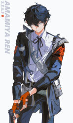  1boy absurdres amamiya_ren armband bag belt black_hair black_jacket black_pants black_ribbon character_name closed_mouth collared_shirt fingerless_gloves gekkoukan_high_school_uniform gloves grey_background grey_eyes gun hair_between_eyes handgun highres holding holding_gun holding_weapon holster jacket long_sleeves looking_at_viewer male_focus neck_ribbon off_shoulder ooc_(sylyaoh) pants persona persona_3 persona_3_reload persona_5 red_armband red_gloves ribbon school_uniform shirt simple_background solo weapon white_shirt 