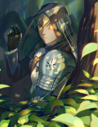  1boy arm_at_side armor armored_gloves arrow_(projectile) arthur_pendragon_(fate) black_gloves black_hood blonde_hair blue_shirt bow_(weapon) breastplate closed_mouth dappled_sunlight fate/grand_order fate_(series) forest fur-trimmed_shirt fur-trimmed_sleeves fur_trim gesture gloves green_eyes hair_between_eyes hair_over_one_eye hand_up hood hood_up jowell_she leaf long_sleeves looking_at_viewer male_focus nature outdoors pauldrons quiver shirt short_hair shoulder_armor solo_focus sunlight tree weapon 