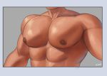  1boy abs bara border chest close-up cropped_torso grey_background highres k_sen212 male_focus muscle nipples original pectorals shirtless simple_background solo toned toned_male upper_body 