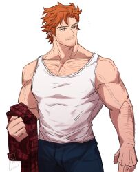  1boy absurdres arm_hair arm_up beard_stubble blue_pants chest_hair collarbone commentary contemporary cowboy_shot dated english_commentary facial_hair fire_emblem fire_emblem:_three_houses highres holding holding_unworn_clothes looking_to_the_side male_focus orange_hair pants satodee shirt shirt_tucked_in short_hair signature simple_background solo stubble sylvain_jose_gautier tank_top twitter_username veins veiny_arms white_background white_shirt white_tank_top 