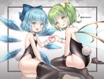  2girls alternate_costume ass bangs bare_arms bare_shoulders black_legwear black_leotard blue_bow blue_eyes blue_hair blue_wings blush bow bowtie bunny_girl bunny_tail bunnysuit cirno commission daiyousei detached_collar eyebrows_visible_through_hair fairy_wings fake_tail green_eyes green_hair grey_background hair_between_eyes hair_bow heart heart_hands heart_hands_duo ice ice_wings juugou_taki leotard looking_at_viewer medium_hair multiple_girls open_mouth red_neckwear sitting smile tail thigh-highs touhou transparent_wings twitter_username wings wrist_cuffs yellow_bow 