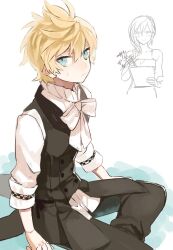  alternate_costume black_pants black_vest blonde_hair blouse blue_eyes blush buun_ko checkered_clothes drawing_(action) dress formal frilled_shirt frills hair_over_shoulder high_collar holding holding_sketchbook kingdom_hearts kingdom_hearts_ii knee_up looking_to_the_side namine neck_ribbon pants ribbon roxas shirt short_hair sitting sketchbook sleeve_cuffs spaghetti_strap spiky_hair sweatdrop third-party_source vest white_ribbon white_shirt 