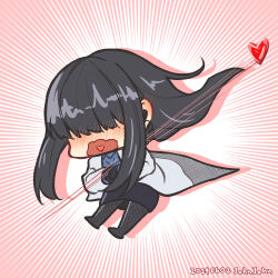  1girl artist_name black_hair black_skirt blue_shirt blush commentary_request dated deformed female_professor_(neural_cloud) full_body girls'_frontline_neural_cloud heart johnjohn_(johnjohn_1028) lab_coat long_hair open_mouth professor_(neural_cloud) shirt skirt solo 