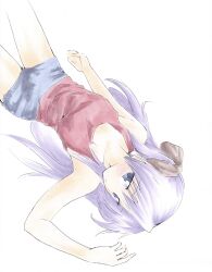  1girl :/ arm_at_side arm_up blue_eyes blue_shorts blush breasts brown_ribbon closed_mouth commentary hair_ribbon half-closed_eyes highres hiiragi_kagami legs_up long_hair lucky_star lying on_back purple_hair red_tank_top ribbon shiki_59 shorts simple_background solo symbol-only_commentary tank_top twintails white_background 