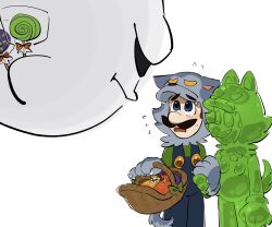  2boys animal_costume animal_ears blue_eyes blue_overalls brown_hair facial_hair fangs gloves gooigi halloween hat highres king_boo luigi luigi's_mansion luigi's_mansion_3 male_focus mimimi_(mimimim9999) multiple_boys mustache overalls shirt short_hair solo super_mario_bros. unworn_hat unworn_headwear white_gloves wolf_costume wolf_ears wolf_mask 