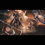  2girls architect_(girls_frontline) black_hair black_legwear black_leotard boots breasts burning cable close-up cut-in embers evil_grin evil_smile fire gager_(girls_frontline) game_cg girls_frontline glowing glowing_eyes grin leotard long_hair long_sleeves looking_to_the_side medium_breasts mexican_standoff multiple_girls official_art over_shoulder rocket_launcher ruins sangvis_ferri side_ponytail sleeveless smile smoke spoilers standing standing_on_liquid striped thigh-highs thigh_boots thigh_strap violet_eyes weapon weapon_over_shoulder white_hair yellow_eyes 
