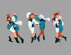  2girls asticassia_school_uniform black_boots black_hairband black_pantyhose blue_eyes blush boots closed_eyes closed_mouth commentary dancing english_commentary green_jacket green_shorts grey_background gundam gundam_suisei_no_majo hairband hand_on_another&#039;s_waist highres holding_hands jacket jelly_raine kiss kissing_forehead long_hair miorine_rembran multiple_girls pantyhose ponytail red_hair school_uniform shorts simple_background smile suletta_mercury thick_eyebrows white_hair white_jacket white_shorts yuri 