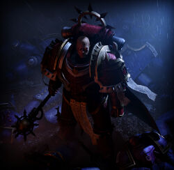  3d adeptus_astartes after_battle armor bald blue_armor chaos_(warhammer) club_(weapon) dark facial_tattoo from_above glowing glowing_eyes heresy highres holding holding_weapon joazzz2 looking_up lorgar_aurelian male_focus multiple_boys omega_symbol pile_of_corpses pink_armor power_armor primarch rain red_eyes rune_tattoo scroll tattoo ultramarines warhammer_40k weapon word_bearers 