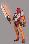  1boy bionicle clenched_hand flaming_sword flaming_weapon grey_background holding holding_sword holding_weapon looking_down redesign robot ruben_menzel solo standing sword tahu_(bionicle) the_lego_group weapon 