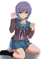  1girl :o blue_sailor_collar blue_skirt blush brown_jacket collarbone commentary_request grey_hair highres jacket kita_high_school_uniform looking_at_viewer nagato_yuki open_clothes open_jacket pleated_skirt sailor_collar school_uniform serafuku shadow shirt short_hair simple_background sitting skirt solo suberaku suzumiya_haruhi_no_yuuutsu uniform white_background white_shirt yellow_eyes 