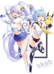  2girls absurdres animal_ears armpits asymmetrical_legwear azur_lane bangs bell black_gloves blue_hair blue_skirt boots breasts bright_pupils commentary_request cosplay costume_switch crop_top detached_sleeves fubuki_(azur_lane) full_body gloves hair_bell hair_ornament half_gloves highres holding_hands interlocked_fingers kandori long_hair long_ponytail looking_at_viewer manjuu_(azur_lane) medium_breasts micro_shorts miniskirt multiple_girls navel neck_ribbon open_mouth pleated_skirt ponytail ribbon sailor_collar short_hair short_sleeves shorts sideboob sidelocks silver_hair single_thighhigh siren_purifier_(azur_lane) skirt smile standing stomach thigh-highs thigh_boots very_long_hair white_legwear white_pupils yellow_eyes yellow_neckwear 