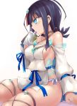  1girl bangs bare_shoulders black_hair blue_eyes blue_ribbon blush breasts collarbone dress fate/grand_order fate/requiem fate_(series) fundoshi highres japanese_clothes jewelry large_breasts long_sleeves looking_to_the_side magatama magatama_hair_ornament medium_hair multicolored_hair necklace pelvic_curtain pink_hair puffy_long_sleeves puffy_sleeves ribbon sen_(astronomy) short_dress sideboob sideless_outfit simple_background sitting streaked_hair thighs utsumi_erise white_background white_dress 