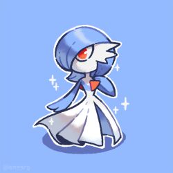  alternate_color artist_name blue_background blue_hair blue_skin bob_cut colored_skin dress gardevoir hair_over_one_eye multicolored_skin outline pink_eyes pokemon pokemon_(creature) shiny_pokemon signature simple_background smore_(smearg) sparkle two-tone_skin white_dress white_outline white_skin 