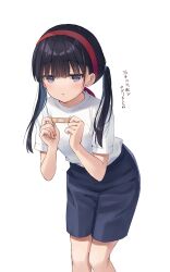  1girl :o black_eyes black_hair blue_shorts blush dot_nose feet_out_of_frame hair_between_eyes hairband hands_up high-waist_shorts highres holding_bandaid knees_together_feet_apart leaning_forward long_hair looking_at_viewer low_twintails na-ga open_mouth original red_hairband shirt shirt_tucked_in shorts simple_background solo translation_request twintails white_background white_shirt 