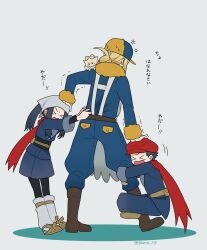  >_< 1girl 2boys akari_(pokemon) anger_vein black_hair blonde_hair boots closed_eyes commentary_request galaxy_expedition_team_survey_corps_uniform ginkgo_guild_uniform hat head_scarf highres kokiya long_hair long_sleeves multiple_boys on_shoulder open_mouth pokemon pokemon_(creature) pokemon_legends:_arceus pokemon_on_shoulder red_hat red_scarf rei_(pokemon) scarf simple_background togepi translation_request volo_(pokemon) 