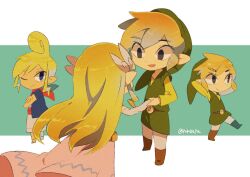  2boys 2girls artist_name back belt blonde_hair blue_eyes blush dress floating_hair gloves jewelry link long_dress long_hair looking_at_viewer multicolored_hair multiple_boys multiple_girls necklace pink_dress pointy_ears princess_zelda tetra the_legend_of_zelda the_legend_of_zelda:_the_wind_waker tiara tokuura toon_link toon_zelda 