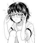  1girl adjusting_eyewear amatori_chika baburo bespectacled eyelashes glasses greyscale hands_on_eyewear hands_up highres knees_up looking_at_viewer messy_hair monochrome shirt short_hair short_sleeves simple_background sitting sleeping solo t-shirt world_trigger 