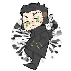  1boy animification apex_legends black_footwear black_hair black_pants blush_stickers chibi chibi_only closed_mouth crypto_(apex_legends) frown full_body green_eyes hands_in_pockets looking_at_viewer male_focus official_alternate_costume pants rotten_cf short_hair solo the_hired_gun_crypto undercut weapon weapon_on_back 