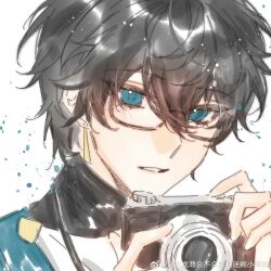  1boy aqua_eyes artist_request bad_id bad_weibo_id bespectacled black_hair camera commission commissioner_name dan_heng_(honkai:_star_rail) dan_heng_(next_stop_yi_county)_(honkai:_star_rail) double-parted_bangs earrings glasses hair_between_eyes hands_up highres holding holding_camera honkai:_star_rail honkai_(series) jewelry looking_at_viewer male_focus official_alternate_costume parted_lips portrait second-party_source short_hair sketch solo three_quarter_view very_short_hair watermark weibo_watermark white_background 