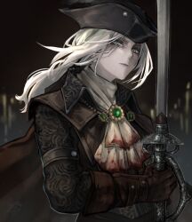  1girl artist_request ascot blood bloodborne blue_eyes cape coat gem gloves hat highres holding holding_weapon lady_maria_of_the_astral_clocktower long_hair looking_at_viewer ponytail rakuyo_(bloodborne) solo sword weapon white_hair 