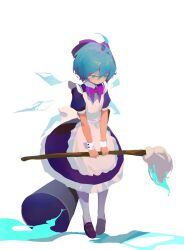  1girl ahoge aleng apron blue_bow blue_eyes blue_hair bow bowtie bucket bucket_spill cirno commentary detached_wings full_body hair_bow highres holding holding_mop ice ice_wings loafers looking_down maid maid_apron mop purple_bow purple_bowtie shoes short_hair solo spill standing touhou water wings wrist_cuffs 