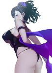  1girl arm_strap ashino_moto ass bangs bare_shoulders black_swimsuit blush breasts fate/grand_order fate_(series) flower flying_sweatdrops hair_flower hair_ornament hair_up highleg highleg_swimsuit highres large_breasts long_hair looking_at_viewer murasaki_shikibu_(fate) murasaki_shikibu_(swimsuit_rider)_(fate) one-piece_swimsuit simple_background swimsuit thighs tied_hair violet_eyes white_background 