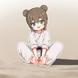  1girl :d absurdres barefoot belt black_belt brown_hair chinese_commentary commentary_request dot_nose double_bun dougi feet foot_focus full_body green_eyes hair_bun hands_on_feet highres kuma-bound looking_at_viewer martial_arts_belt medium_hair original pants sitting smile soles solo toes white_pants 