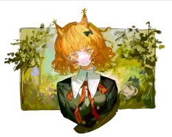  1girl animal_ears black_bow black_jacket bow chinese_commentary closed_mouth commentary_request cropped_torso hair_bow head_tilt highres jacket looking_at_viewer medium_hair neck_ribbon orange_eyes orange_hair original red_ribbon ribbon shirt smile solo vihua6 white_shirt 