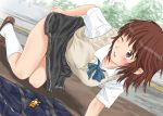  1girl amagami bag blue_neckwear blush brown_footwear brown_hair commentary_request grey_skirt keisuke_(0320030103200301) kibito_high_school_uniform kneehighs loafers one_eye_closed open_mouth pleated_skirt sakurai_rihoko school_bag school_uniform shoes short_hair skirt solo sweater_vest white_legwear 