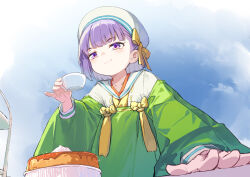  1girl beret breasts coffeekite cup fate/grand_order fate_(series) food green_shirt hat highres kazuradrop_(fate) layered_clothes long_sleeves pancake purple_hair sailor_collar shirt short_hair small_breasts smile solo teacup violet_eyes white_hat white_sailor_collar white_shirt wide_sleeves 