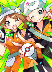  1boy 1girl ;) ;d anidler91 bare_shoulders black_eyes black_shirt black_shorts brendan_(pokemon) brown_hair closed_mouth commentary_request eyelashes green_background green_headband hat headband highres holding holding_poke_ball may_(pokemon) one_eye_closed open_mouth orange_shirt poke_ball pokemon pokemon_emerald pokemon_rse premier_ball shirt short_hair short_sleeves shorts sleeveless sleeveless_shirt smile upper_body white_hat 