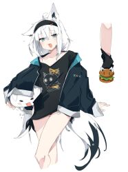  1girl ahoge animal_ear_fluff animal_ears aqua_eyes black_hairband black_jacket black_shirt black_tail crossed_bangs double-parted_bangs extra_ears feet_out_of_frame fox_ears fox_girl fox_tail fubuzilla_(shirakami_fubuki) hair_between_eyes hairband highres hololive jacket long_hair looking_at_viewer loose_socks loungewear low-tied_long_hair multicolored_tail nejima_kitsune_(shirakami_fubuki) official_alternate_costume open_clothes open_jacket open_mouth pentagram shirakami_fubuki shirakami_fubuki_(loungewear) shirt side-tie_shirt sidelocks simple_background slippers socks solo tail thighs tntl_nemui two-tone_tail virtual_youtuber white_background white_hair white_tail 