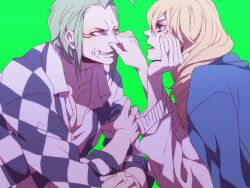  2boys akizuki_hakuto bad_id bad_pixiv_id bartolomeo blonde_hair blue_eyes blue_jacket cavendish drill_hair eye_contact fangs green_background green_hair hair_between_eyes jacket jacket_on_shoulders long_hair looking_at_another male_focus multiple_boys nose_pinch one_piece profile sharp_teeth shirt sidelocks simple_background teeth upper_body 