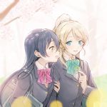  2girls artist_name ayase_eli bag blazer blonde_hair blue_eyes blue_jacket jacket long_hair long_sleeves love_live! love_live!_school_idol_project multiple_girls otonokizaka_school_uniform ponytail school_bag school_uniform smile sonoda_umi suito yellow_eyes 