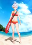  1girl absurdres bare_shoulders barefoot beach bikini binoculars blue_sky clouds collarbone commentary_request day fate/grand_order fate_(series) highres lifeguard long_hair looking_at_viewer midriff navel ocean orange_eyes outdoors ponytail red_bikini silver_hair sky solo swimsuit tomoe_gozen_(fate/grand_order) vegetablenabe whistle whistle_around_neck 