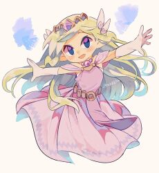  1girl artist_name back belt blonde_hair blue_eyes blush dress floating_hair full_body gloves highres jewelry long_dress long_hair looking_up multicolored_hair necklace pink_dress pointy_ears princess_zelda skirt_hold solo the_legend_of_zelda the_legend_of_zelda:_spirit_tracks the_legend_of_zelda:_the_wind_waker tiara tokuura toon_zelda 