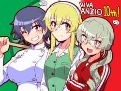  3girls alternate_hairstyle anchovy_(girls_und_panzer) black_hair blonde_hair brown_eyes carpaccio_(girls_und_panzer) chef commentary_request cosplay crossed_arms dress_shirt drill_hair flag_background girls_und_panzer glasses green_eyes green_hair green_vest grin hair_down hair_tie hairband hayami_saori holding italian_flag jacket long_hair looking_at_viewer low_twintails multiple_girls one_eye_closed oosaka_kanagawa open_mouth over_shoulder partial_commentary pepperoni_(girls_und_panzer) red_eyes red_jacket rimless_eyewear shirt side-by-side sidelocks smile spy_x_family track_jacket twintails vest voice_actor_connection white_hairband white_jacket white_shirt wing_collar yor_briar yor_briar_(cosplay) 