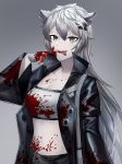  1girl :d animal_ears arknights bandeau bangs black_jacket blood blood_on_face bloody_clothes bloody_hands breasts commentary gradient gradient_background grey_background grey_eyes hair_between_eyes hair_ornament hairclip hand_up jacket lappland_(arknights) long_hair long_sleeves looking_at_viewer medium_breasts midriff navel open_clothes open_jacket open_mouth scar scar_across_eye silver_hair skl smile solo stomach strapless tongue tongue_out tubetop upper_body very_long_hair wide_sleeves wolf_ears 